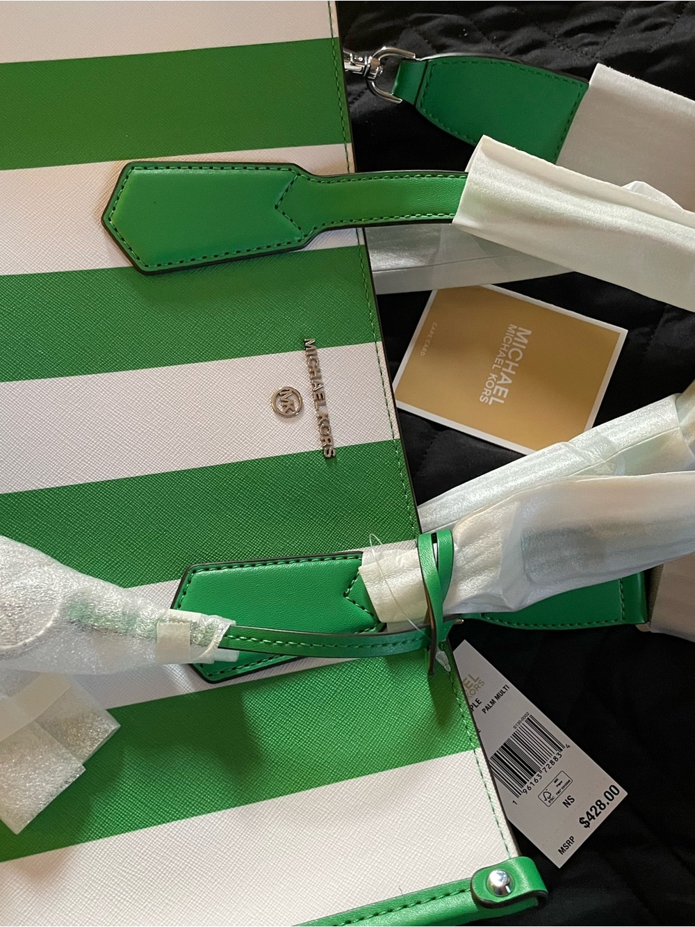 Michael Kors Green and White Striped Saffiano Tote